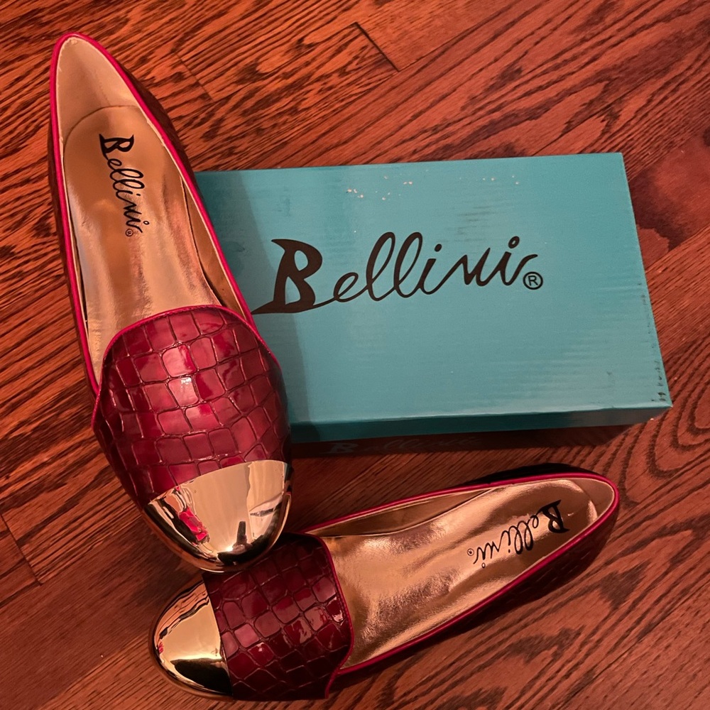 Bellini Shoes in red croc embossed w/ gold toe cap